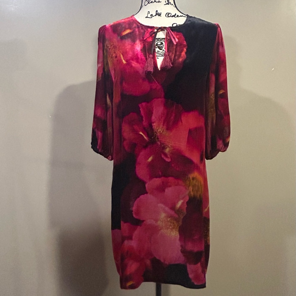 Johnny Was Vesna Velvet Split Round Neck Elbow Puff Dress